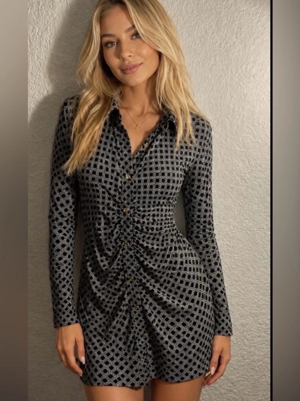 Michael Michael Kors Black White Geo-print Ruched Shirt Dress Collared Neckline